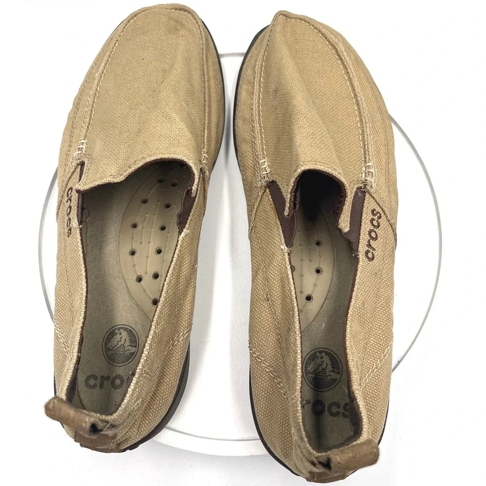 Crocs Santa Cruz Mens Khaki Canvas Slip On Loafers Size M12 Tan 11270